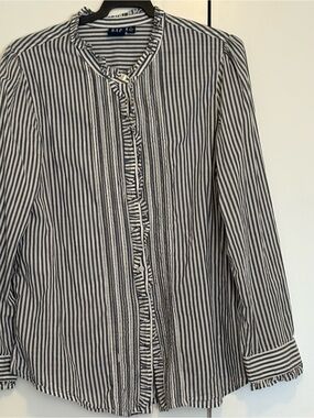 GAP Navy and White Striped Ruffle-Front Button Down Shirt, lightweight